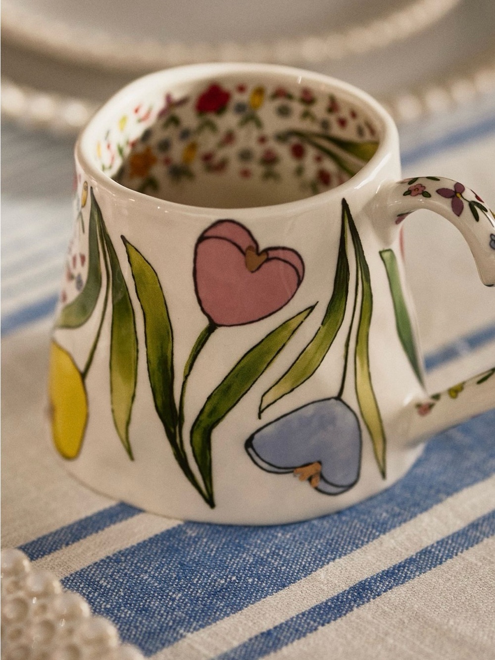 Anthropologie The Mud Fairy Blooming Hearts Floral Stoneware Coffee Tea Mug NWT